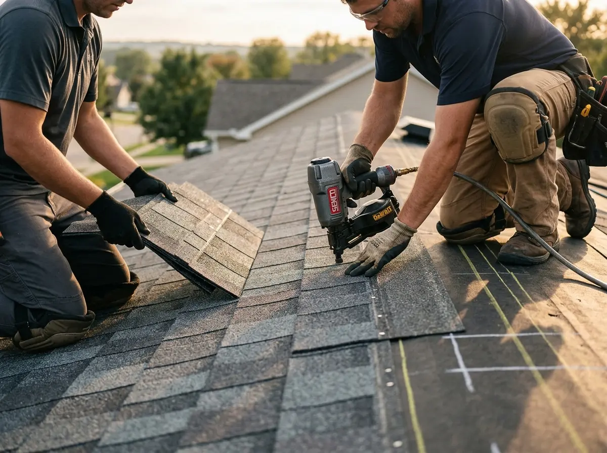 Professional roofer working on a residential roof in Upper Sandusky